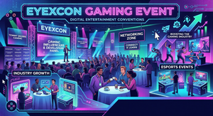 "Tommy Jacobs Gaming Eyexcon — neon-themed gaming event poster with stage panel, networking zone, and esports competition"